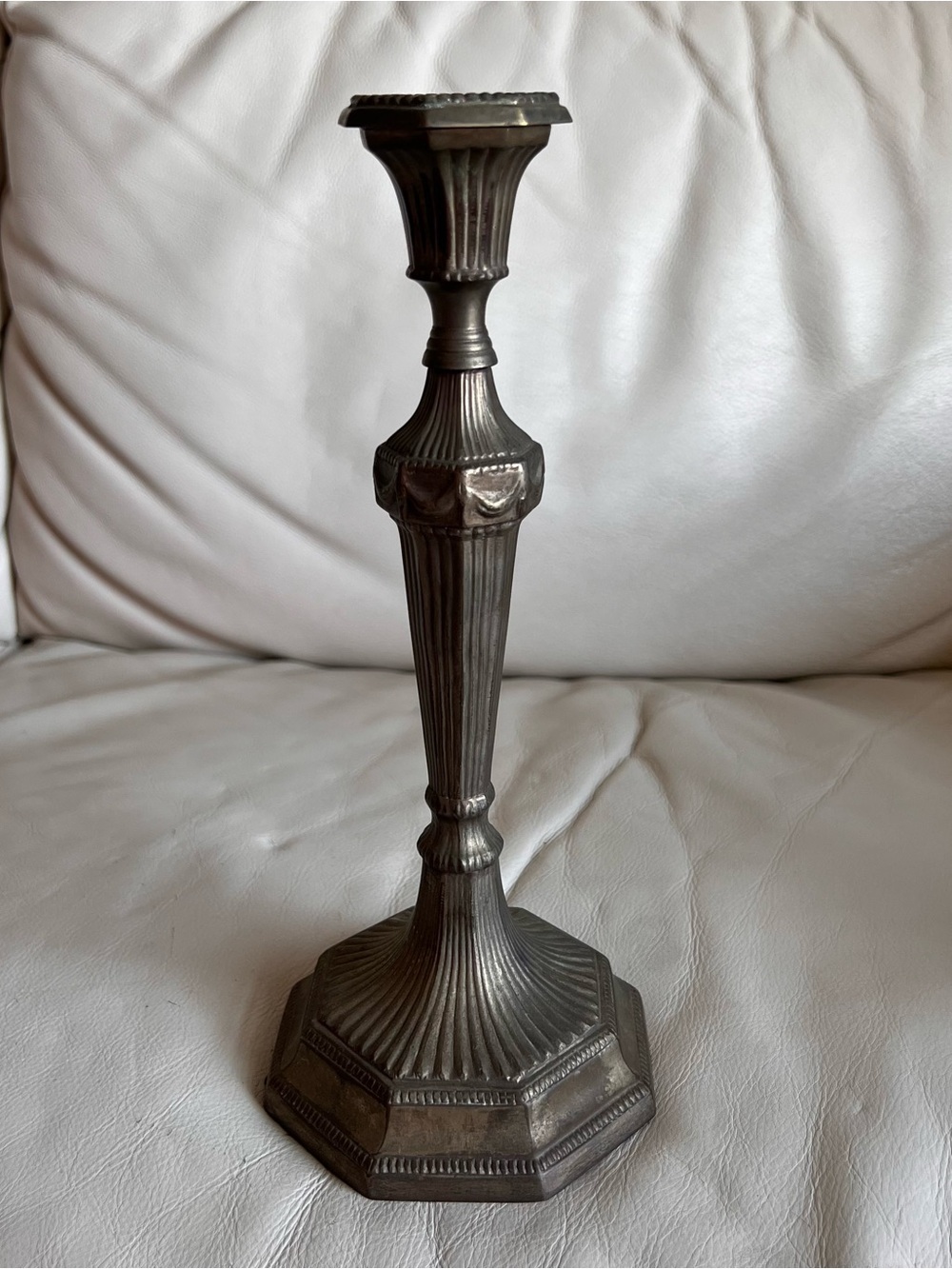 Neo-Classical Style Metal Candlestick Holder in Antique Silver
